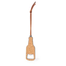 A drink bottle shaped cork bottle opener with a leather strap, featuring a metal outline.