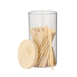 A clear container filled with bamboo skewers, featuring a wooden lid.