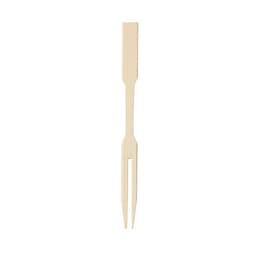 A bamboo fork in a natural wood colour, featuring a simple two-pronged design. Includes branding.
