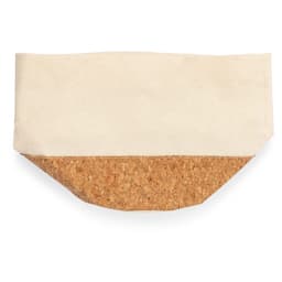 A cork and cream canvas storage basket featuring a simple design and a logo.