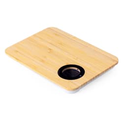 A bamboo chopping board with a round cut-out for easy grip. It features a light wood finish and has a logo.