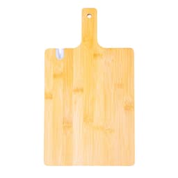 A bamboo chopping board with a sleek design, featuring a convenient hanging hole and a white accent.