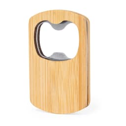 A drink bottle opener crafted from bamboo with a stainless steel opening mechanism, featuring a simple design and a logo.