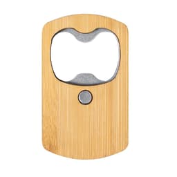A drink bottle opener made of bamboo with a metallic opening mechanism and a circular button. It features a logo.