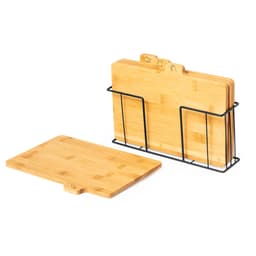 A set of bamboo chopping boards in a black wire holder, featuring various shapes at the top.