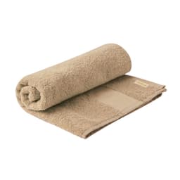 A rolled hand towel in a soft beige colour, featuring a textured surface and a logo.