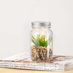 A glass jar with a decorative plant and pebbles inside, sitting on top of a stack of magazines.