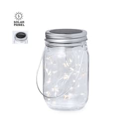 A glass jar with a silver lid, featuring string lights inside, and a solar panel on top.