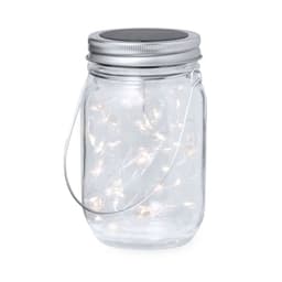 A glass jar lantern with a silver lid and a handle, filled with warm white fairy lights.