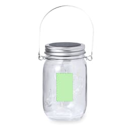A clear glass jar lamp with a metal lid and handle, featuring a pastel green label.