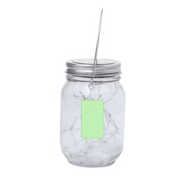 A clear glass jar with a silver lid and a metal hanger, featuring a blank green tag attached.