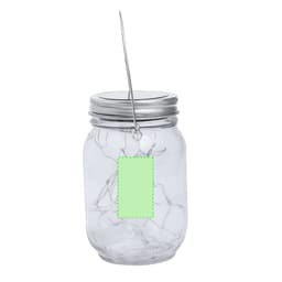 A clear jar lamp with a silver lid, featuring decorative string lights inside and a tag attached to the side.