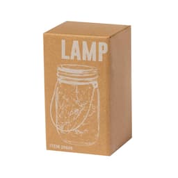 A brown cardboard box containing a lamp design, featuring a mason jar appearance and a metal lid.