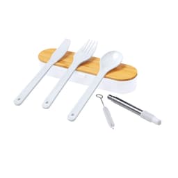 A cutlery set featuring a white knife, fork, and spoon on a bamboo holder, with additional tools in the design.