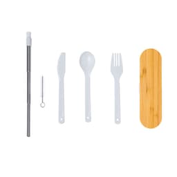 A cutlery set including a stainless steel straw, a cleaner, and white utensils with a bamboo case.