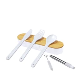 A cutlery set featuring a white knife, fork, and spoon, with a bamboo holder and a cleaning tool.