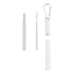 A drink straw set in silver, featuring a collapsible straw, cleaning brush, and carrying case with a carabiner.