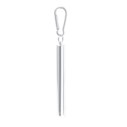 A shiny silver drinking straw with a clip attached, designed for easy carrying and convenience.