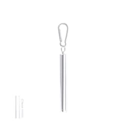 A drinking straw in silver, featuring a sleek design and a carabiner for easy attachment. It has a logo displayed on it.