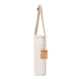 A drink bottle in a cream-coloured, eco-friendly cooler bag with a long strap and attached tag.