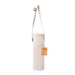 A drink bottle in a beige insulated holder, equipped with a shoulder strap and a tag.