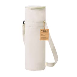 A drink bottle in a natural-coloured fabric sleeve with a strap and a tag attached, featuring a logo.