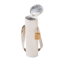 A drink bottle cooler made from recycled material, featuring an insulated silver interior and a removable shoulder strap.
