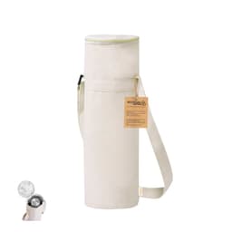 A drink bottle cooler in light beige with a shoulder strap and a silver insulated bottle inside. Features a branding logo.