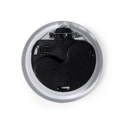 A round metal lapel pin backing in silver and black. It features a logo and a clutch mechanism for attachment.