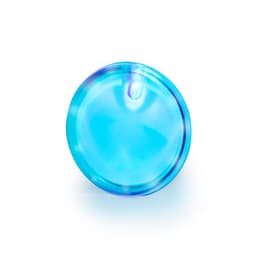 A blue lapel pin with a glossy finish and a circular design, featuring a branding logo.