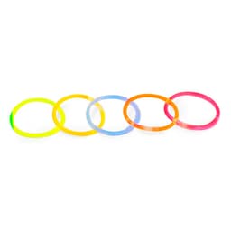 A set of five flexible, translucent rubber rings in yellow, green, blue, orange, and pink, arranged in a line.