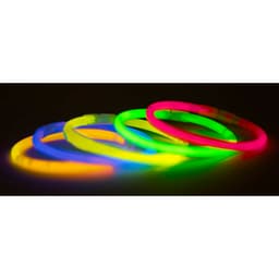 A set of glow sticks in vibrant colours including pink, green, yellow, and blue, arranged in a row.
