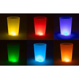 A set of six illuminated cups in yellow, red, purple, green, blue, and orange against a dark background.