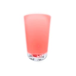 A pink frosted glass coaster with a circular base featuring a logo, designed for home use.