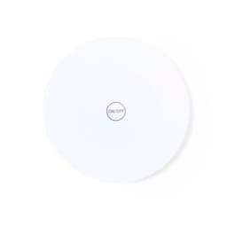 A circular white coaster featuring an "ON/OFF" symbol in the centre, with a minimalistic design. It has a logo prominently displayed.