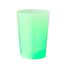 A green translucent drinking glass with a smooth surface and a simple design. It has a branding logo.