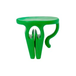 A green plastic clip with a curved handle, designed to hold items together securely.
