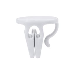 A white plastic clip designed for securing items. It features a unique shape with a curved handle.