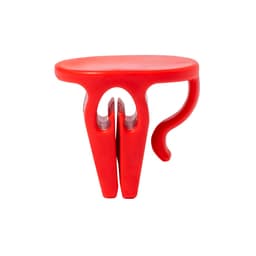 A red plastic clip with a unique shape designed for securing items; features a branding logo.