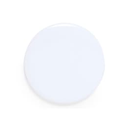 A round, white button badge with a smooth surface and a metal backing.