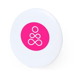 A round button badge featuring a pink circle with a white graphic design and a logo. The badge has a glossy finish.