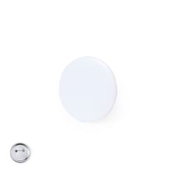 A white button badge with a metallic backing. Simple and circular design.
