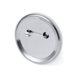 A metallic button badge with a pin-back attachment, featuring a reflective silver surface.