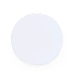 A round white button badge with a glossy finish and a smooth surface.