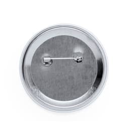 A metal button badge featuring a smooth, silver finish with a pin closure on the back.