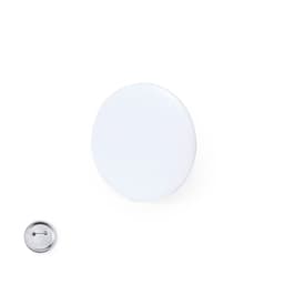 A round white button badge with a shiny finish, accompanied by a silver pin attachment.