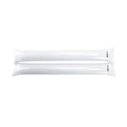 Two white inflatable novelty pillows lie flat next to each other, showcasing their smooth surface and elongated shape.