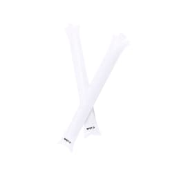 Two white inflatable novelty items with a branding logo, designed for fun and games activities.