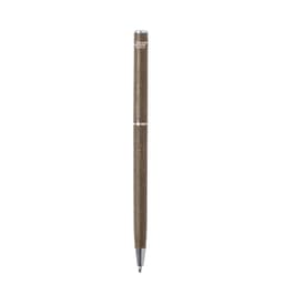 A brown pen with a sleek design, featuring a silver band and a logo on the upper part.