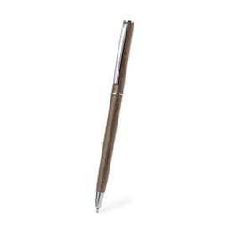 A brown pen with a sleek design and a silver clip, featuring a logo on its surface.